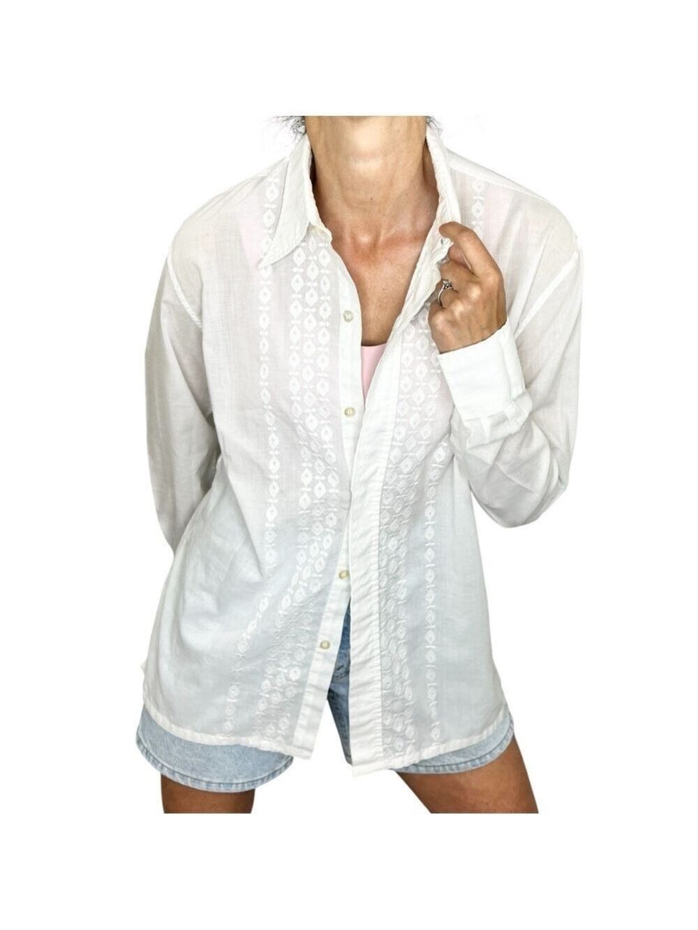 Vintage 60s 70s disco collar white gauzy embroidered long sleeve button up shirt